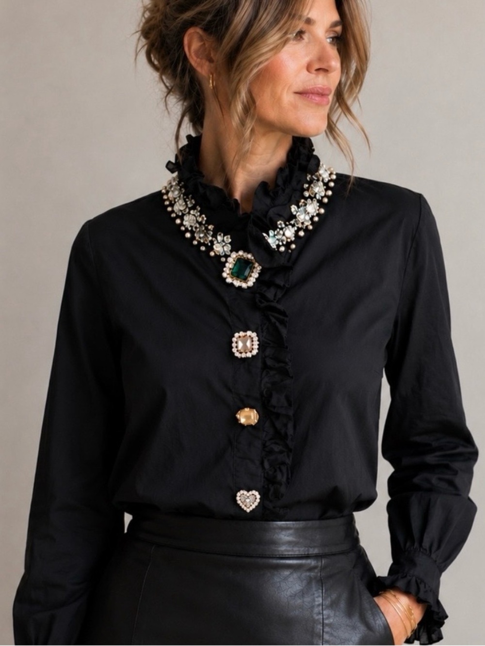 Kate Hewko Embellished Ruffle Statement Blouse Jeweled Button Up Black OS M L